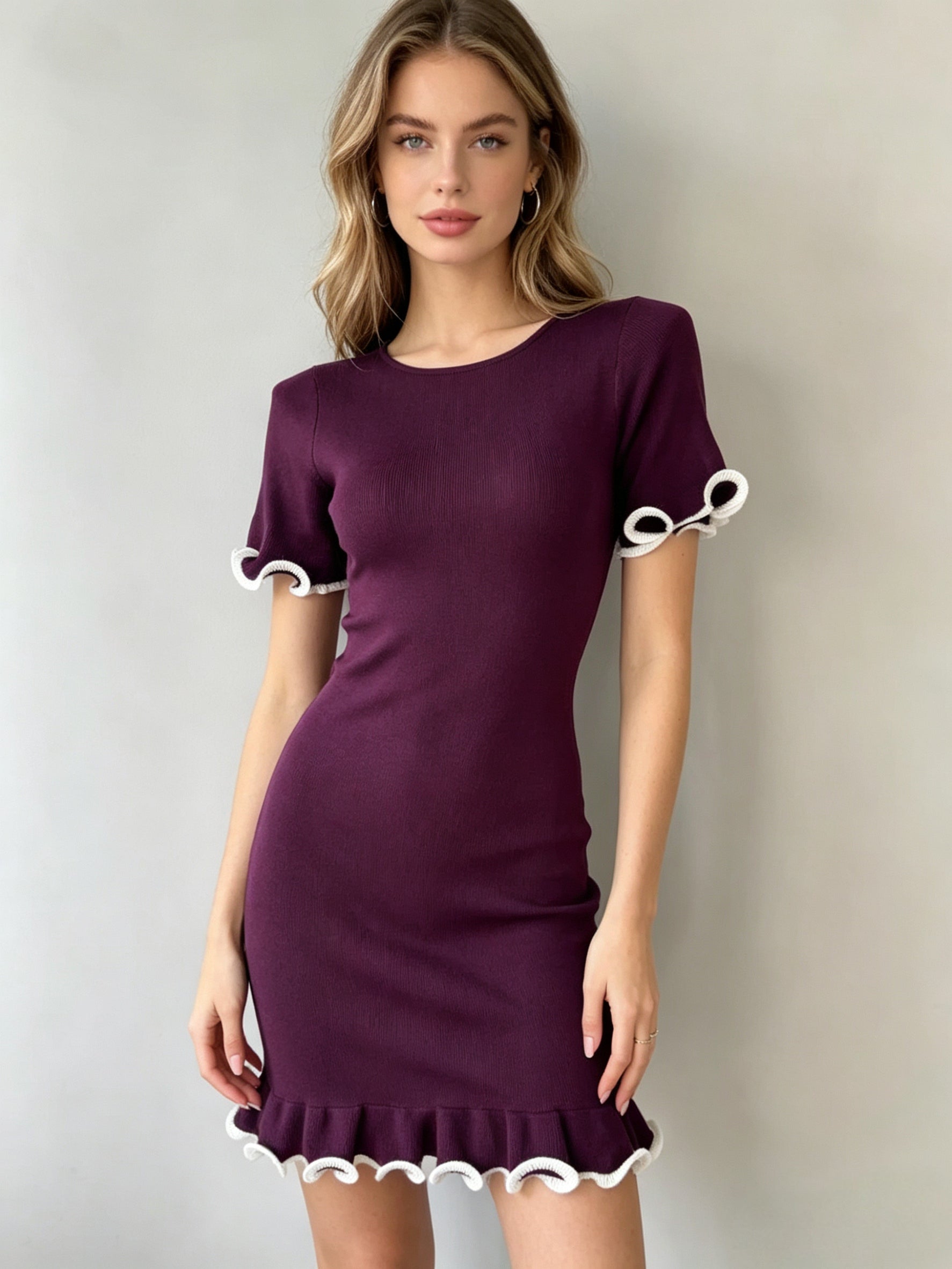 Women Short Dress With Ruffled Hem Short Sleeved Rolled Edge Fitted Knitted Dress