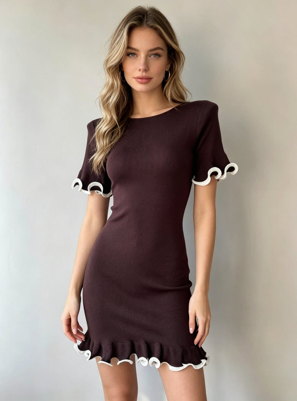 Women Short Dress With Ruffled Hem Short Sleeved Rolled Edge Fitted Knitted Dress