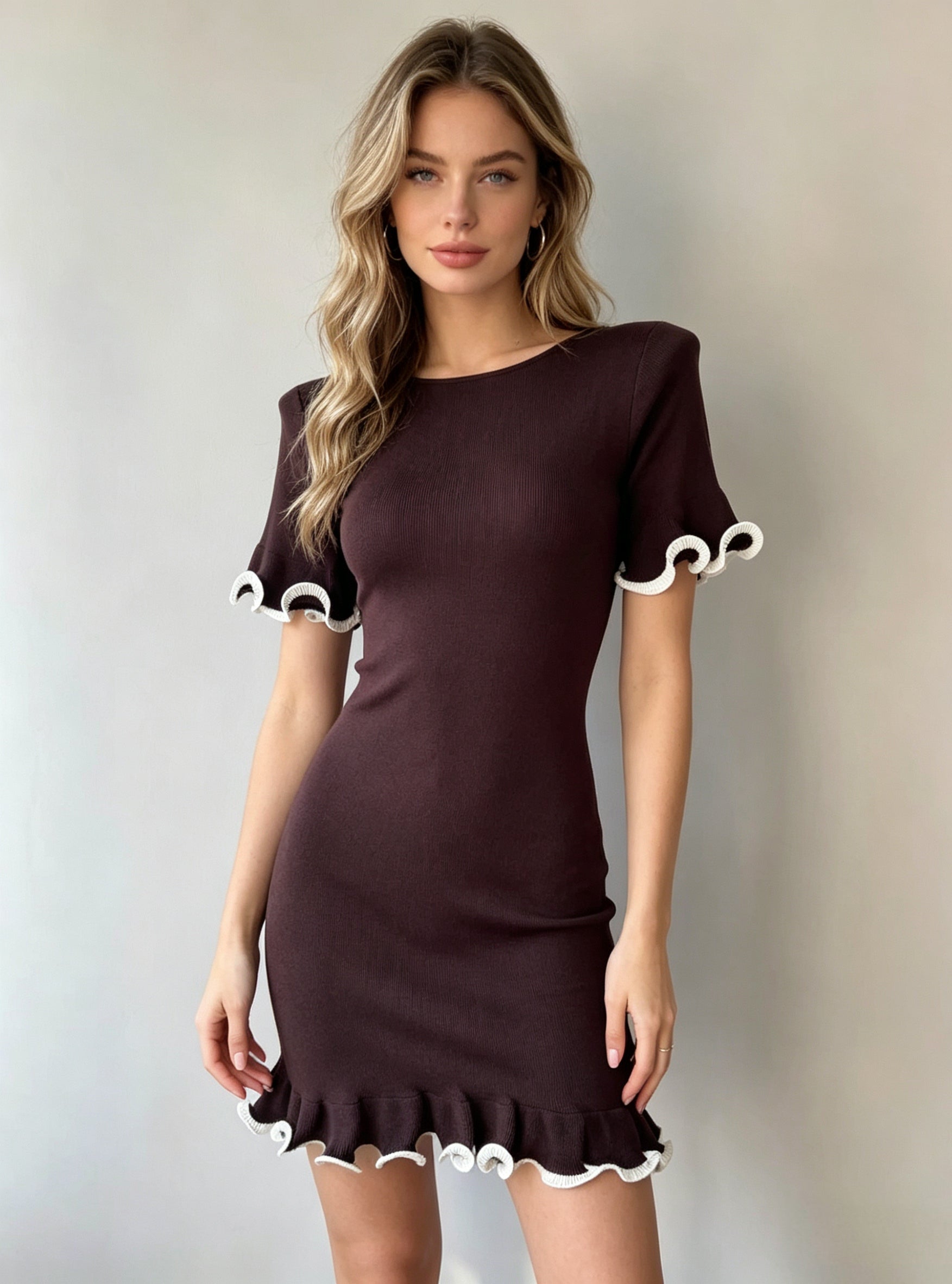 Women Short Dress With Ruffled Hem Short Sleeved Rolled Edge Fitted Knitted Dress