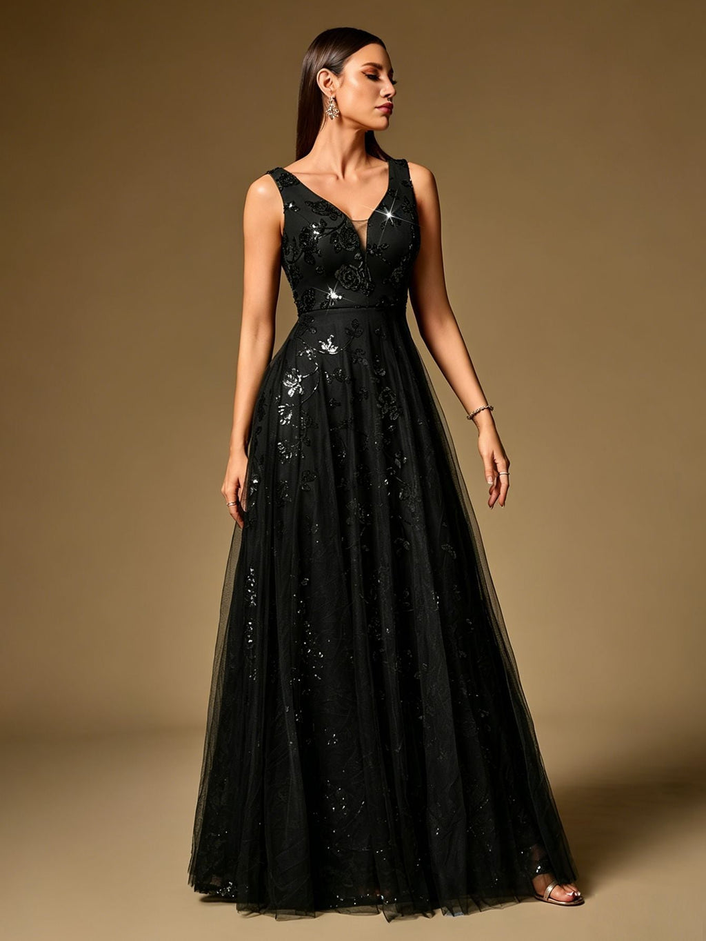 Sexy Deep V Plunge neck Large Swing Evening Dress Elegant Sexy Strap Pattern Sequin Gauze Dress Women