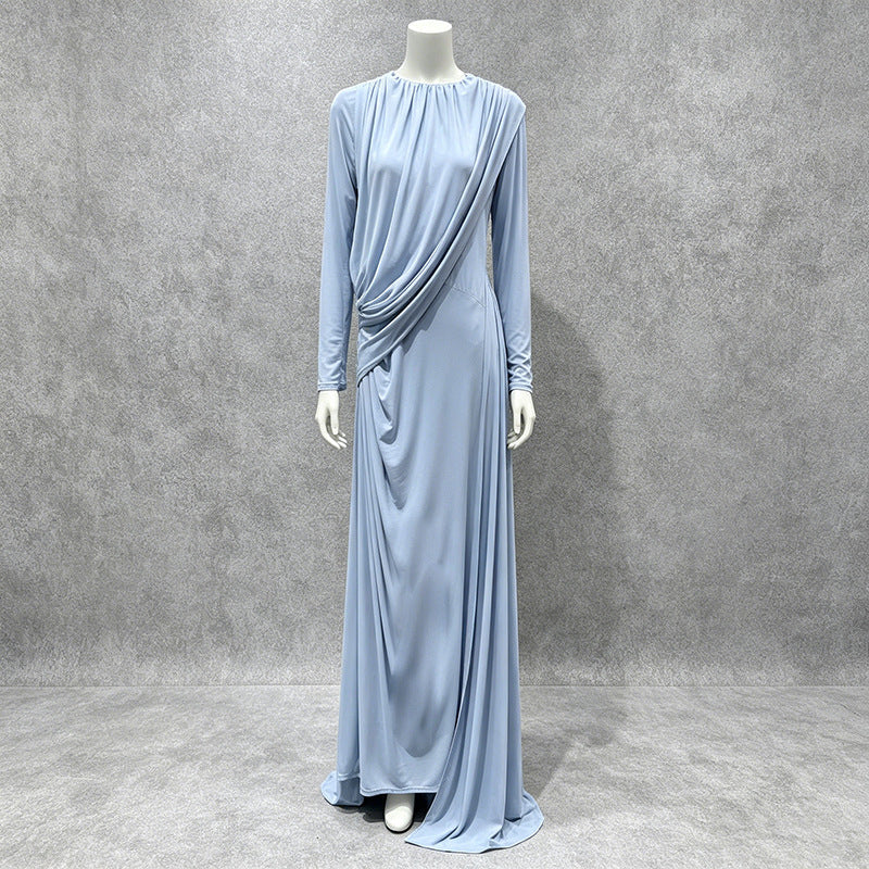 Dinner Light Luxury Formal Dress Autumn round Neck Stitching Pleated Nipped Waist Slimming Dress Women