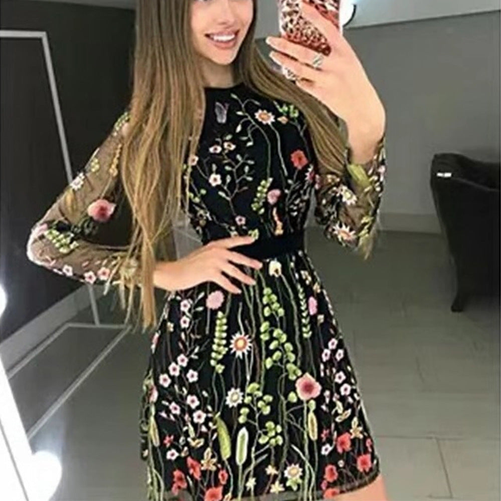 Spring Women Clothing Dress Embroidered Bohemian Floral A line Dress