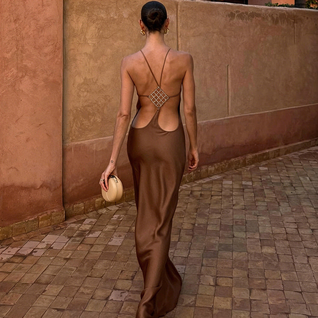 Spring Women Solid Color Irregular Asymmetric Sexy Slim Fit Backless round Neck Sheath Dress for Women