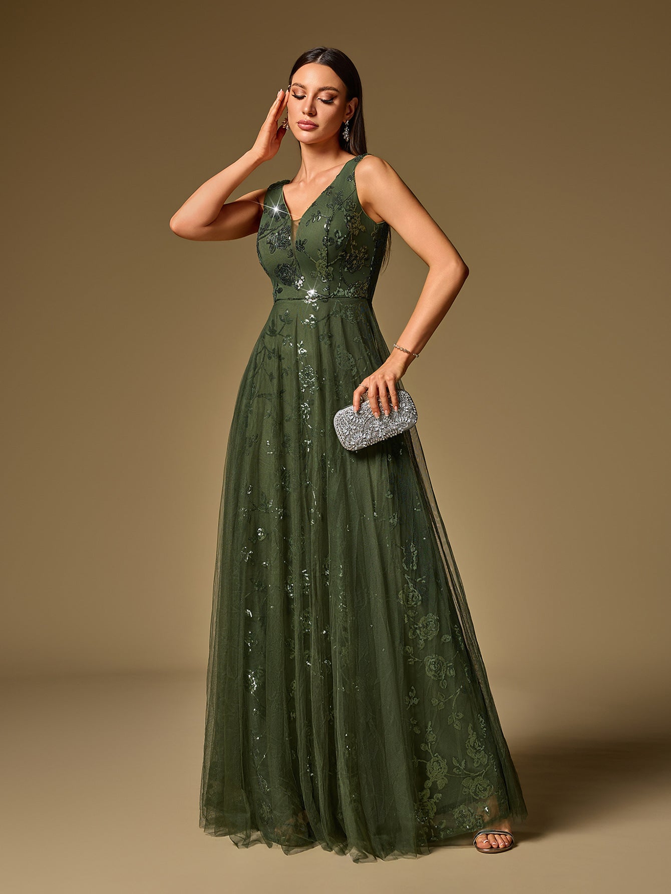 Sexy Deep V Plunge neck Large Swing Evening Dress Elegant Sexy Strap Pattern Sequin Gauze Dress Women