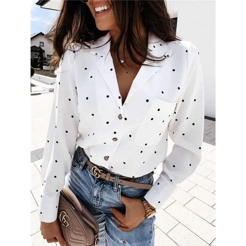 Spring Slim Button Polka Dot Long Sleeve Pocket Shirt Top Women's Clothing