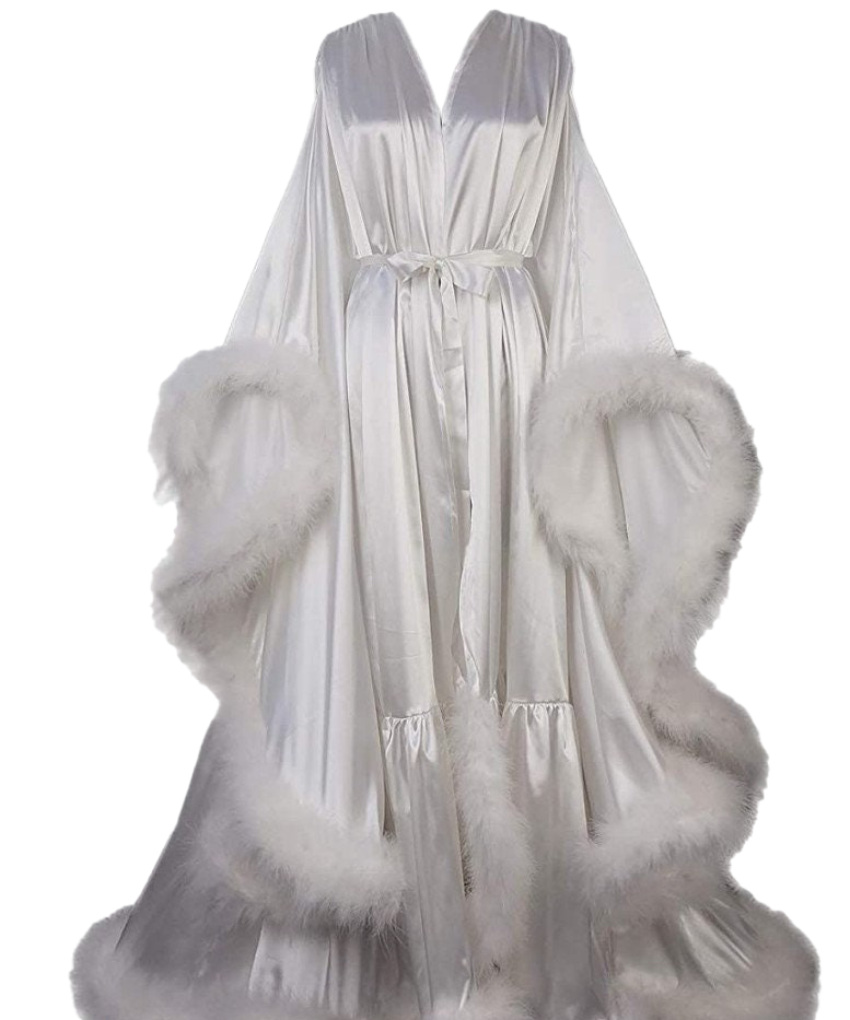 Luxury Satin Feather Bridal Robe | Victorian Style Wedding & Photoshoot Robe